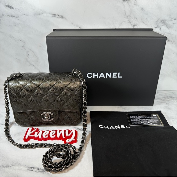 ββ CHANEL 17S Metallic Charcoal Square Classic Caviar Mini Quilt Flap Bag CC RHW - Picture 3 of 17